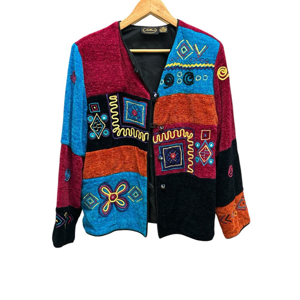 VTG Allure Patchwork Sweater Jacket M Art to Wear Button Up Multicolor